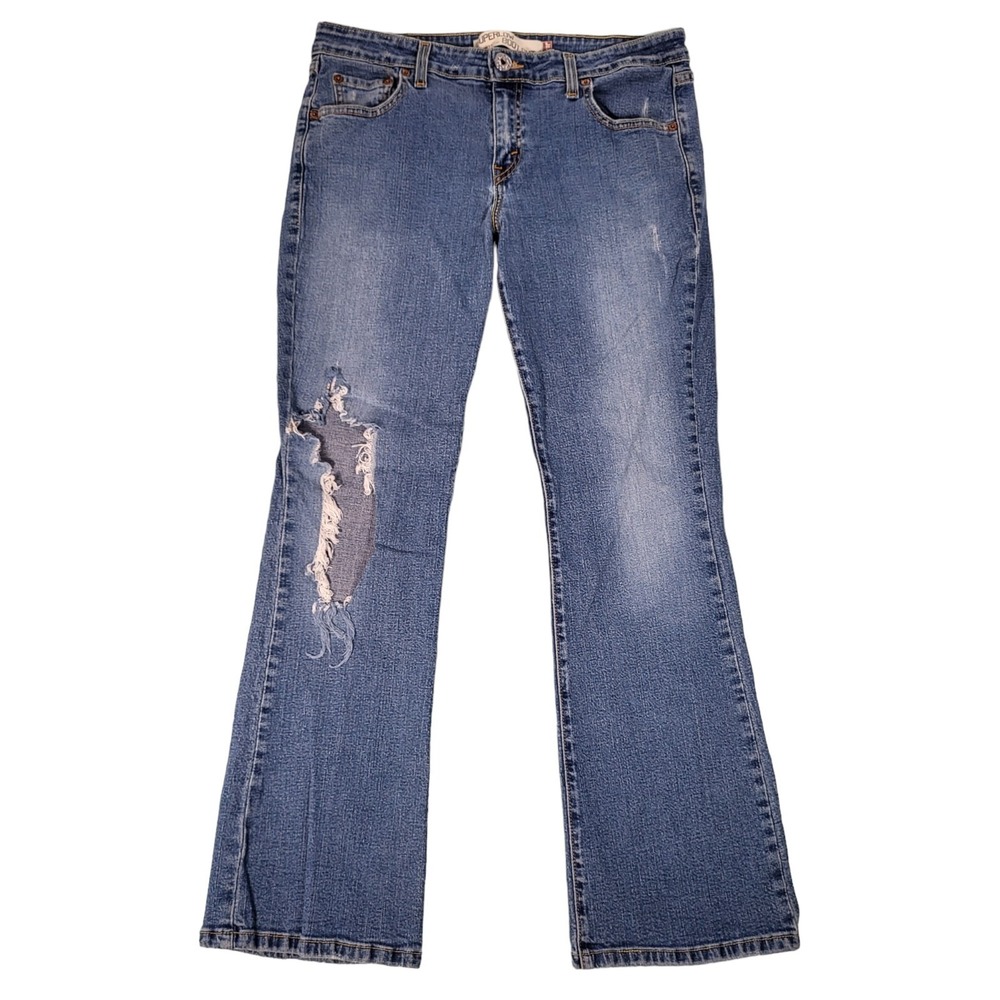 Levis 518 Jeans Womens 11S 32x30 Superlow Boot Cut Blue Distressed Stretch Denim